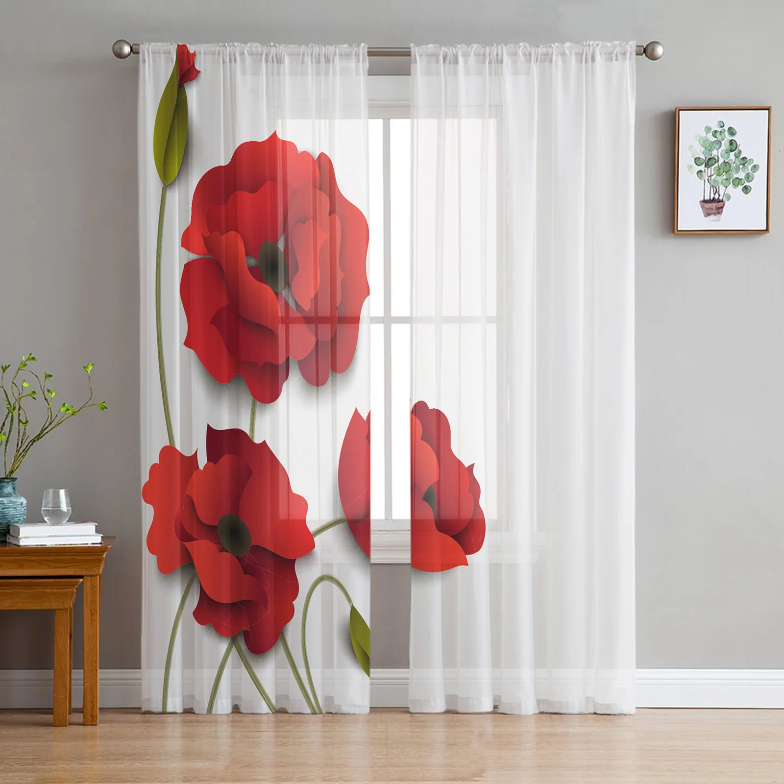 

Red Poppy Flower Sheer Curtain for Living Room Voile for Window Blinds Bedroom Tulle Drape Kitchen Cortinas Hall Curtains