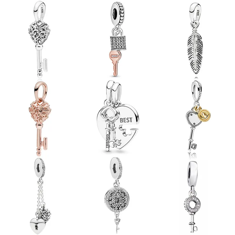 

Original Openwork Love Heart Key Pattern Lock And Heart Chained Pendant Fit Europe Bracelet 925 Sterling Silver Charm Jewelry