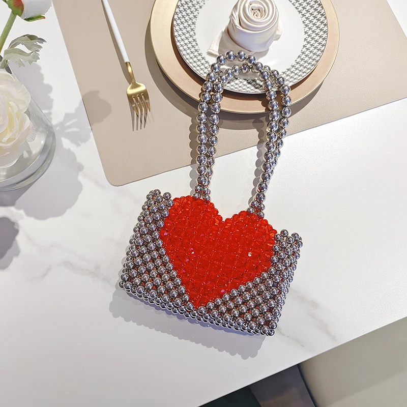 

Silver Love Design Beaded Bags Women's Fashion Retro Ins Woven Shoulder Bag Simple Versatile Convenient Handbag 2023 Bolso Mujer