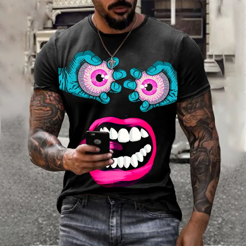 

Summer Personality 3D Printing T-shirt Cartoon Eyes Funny Expressions Pattern for Men Handsome Short Sleeves Man's Casual