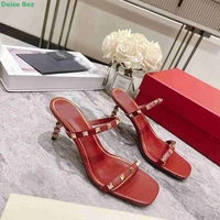 leather rivet sandal solid thin high heel square toe ankle strap fine band combination simple and fashionable summer women shoes