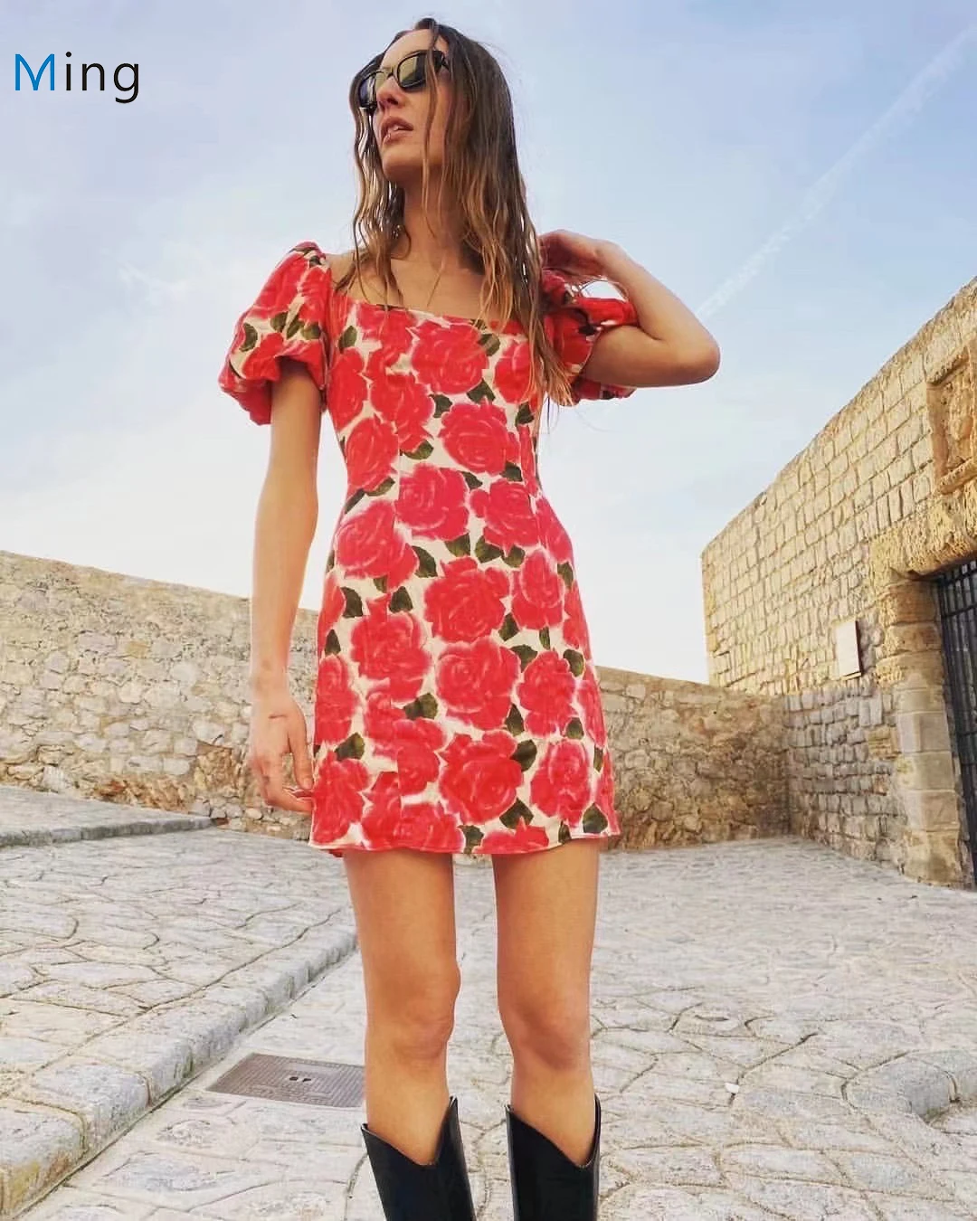 

Women Slash Collar Romantic Red Rose Print Holiday Wear Short Dress