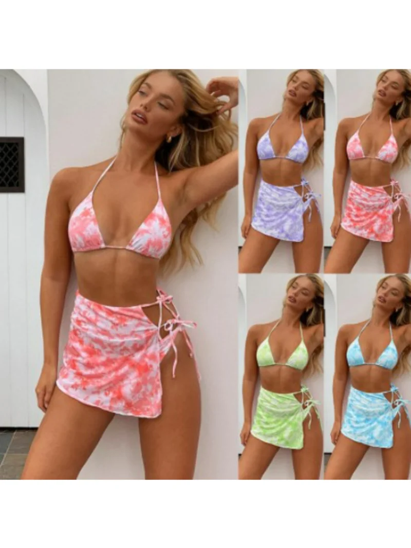 Three-piece Split Swimsuit Tie-dyed Ladies Swimsuit Explosions Hanging Neck Strap Short Skirt Ins Wind Sexy Bikini Hot Sale