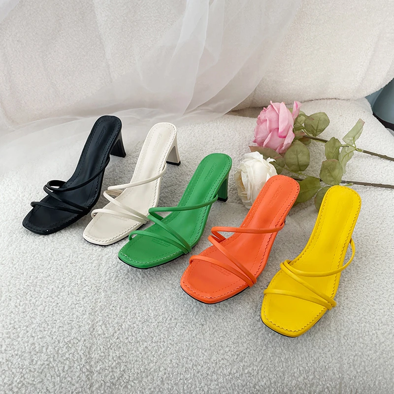 

Women Sandals Summer Square Toe Open-toe Ladies High Heels Brand Slippers Female Slides Fashion Woman Shoes Green Flip Flops