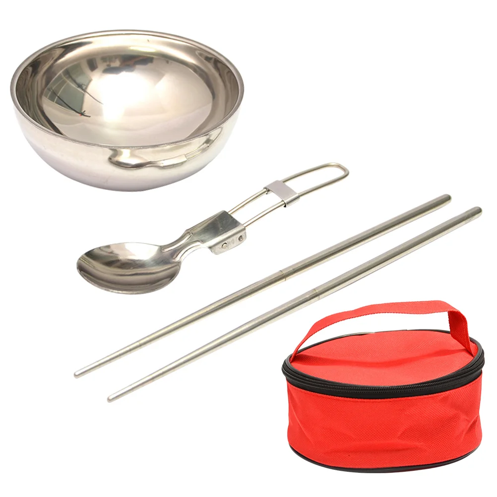 

Camping Utensils Stainless Steel Spoon Camping Tableware Foldable Camping Kit Bowl Kit Oxford Cloth Travel Bowl Set Hiking