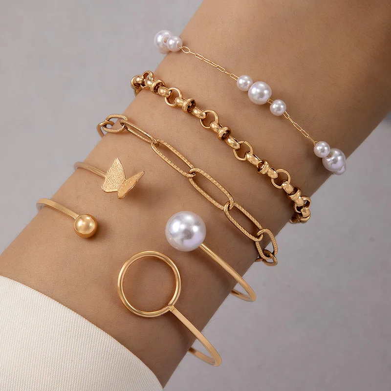

Tocona Luxury Pearl Stone Butterfly Chain Bar Five Piece Bangle Set for Women's Geometric Gold Open Bracelet Bohemia Jewelry