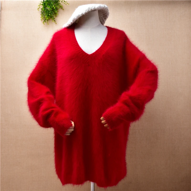 

Женская осенне-зимняя одежда, красный пушистый кашемировый вязаный свитер из меха норки с длинным рукавом «летучая мышь» и V-образным вырез...