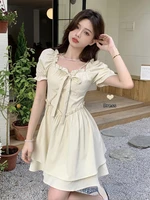 2022 summer new french square neck puff sleeve dress womens high waist sexy dress fashion clothing boutique clothing