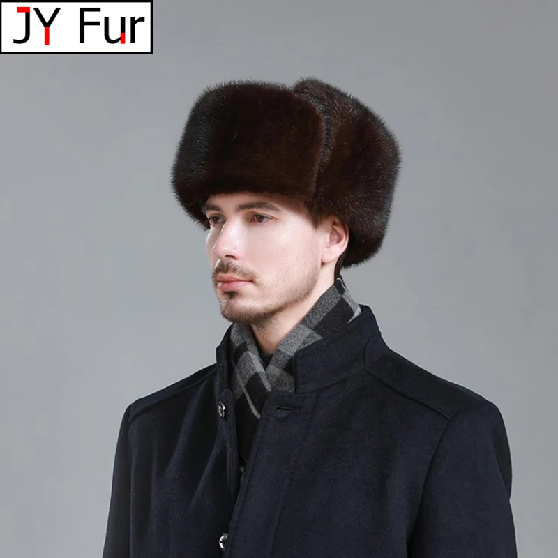 Hot Sale Men Quality 100% Natural Mink Fur Hat Winter Man Super Warm Real Mink Fur Cap Male Real Sheepskin Leather Bomber Hats