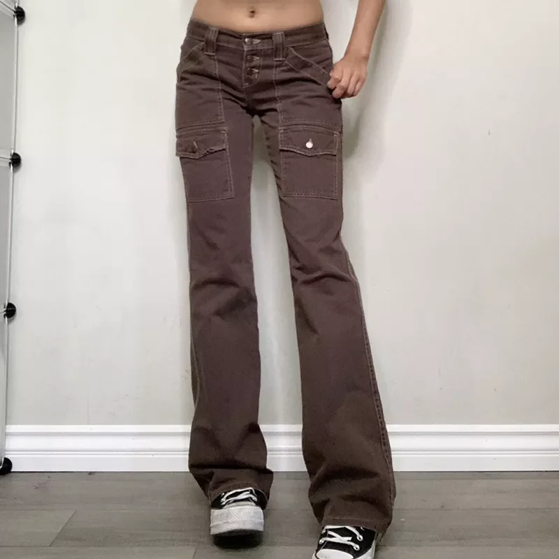 

New2022 Y2K Indie Aesthetics Vintage Low Waist Pants 2000s Low Rise Flare Jeans Grunge Fairy Retro Denim Trousers with Pockets