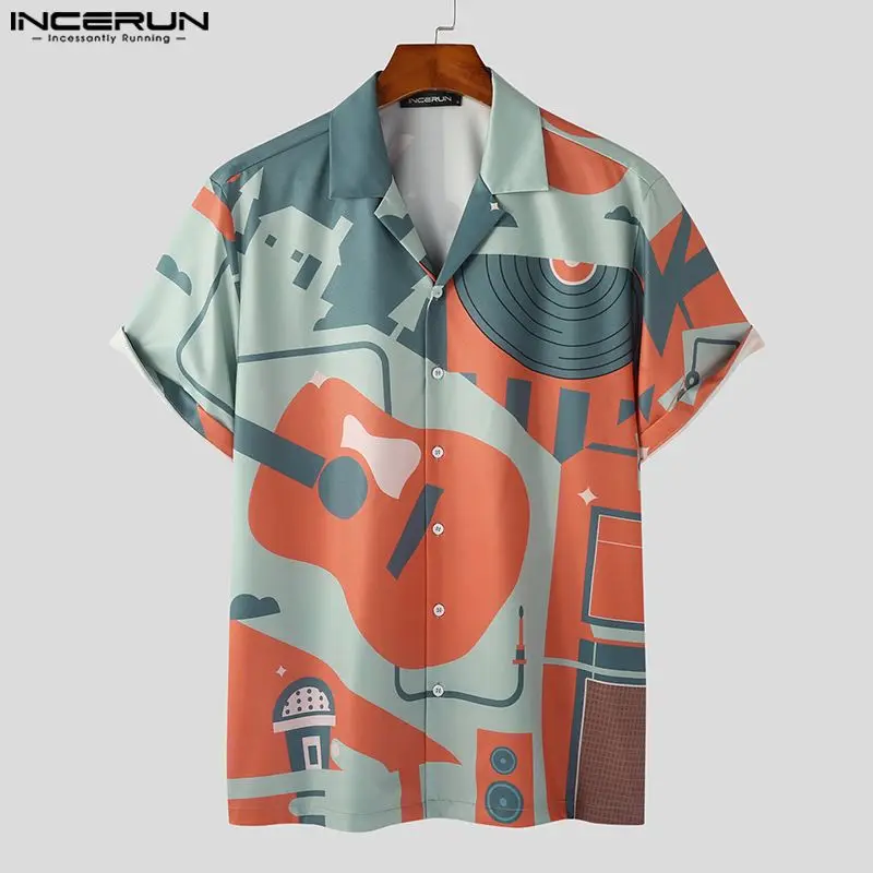 

Рубашка INCERUN мужская с цветным принтом, с отложным воротником и короткими рукавами, повседневная одежда для мужчин, уличная одежда, Гавайские мужские рубашки для отпуска, 2023