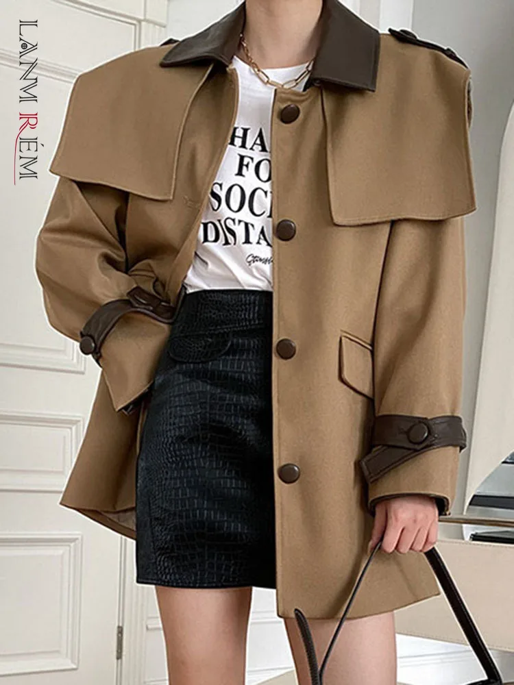 

LANMREM Spliced Contrast Color Trench Coat For Women Korean Style Turn-down Collar Single Breasted Fashion Clothing New 2L1090