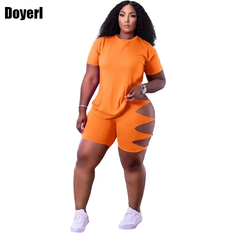 

Solid Two Piece Set Women's Summer Suits T-shirt Top and Hollow Out Biker Short Suits Female Sportswear Tracksuit for Women 2022