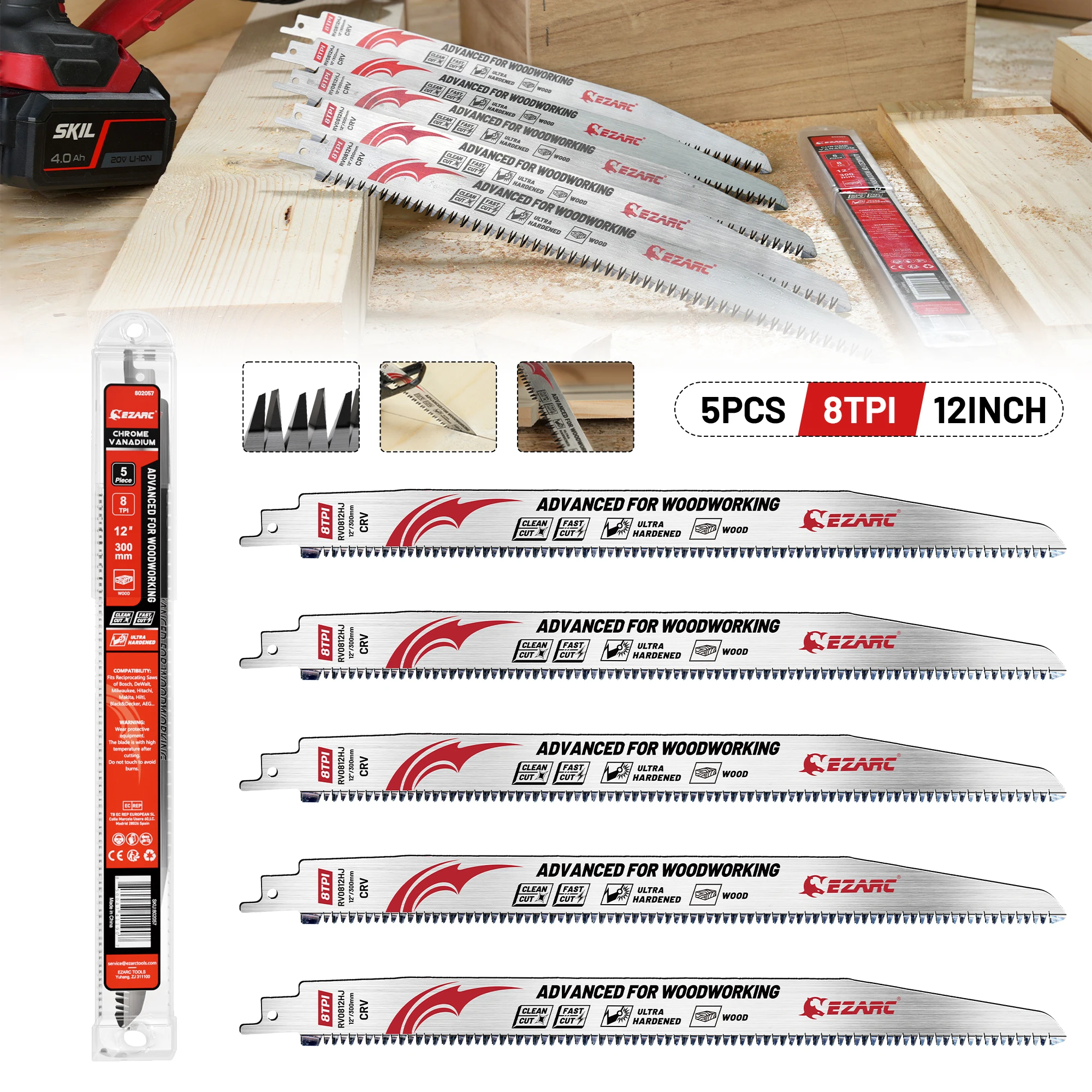 

5 шт. Полотна для сабельных пил CRV для дерева 300 мм 8TPI