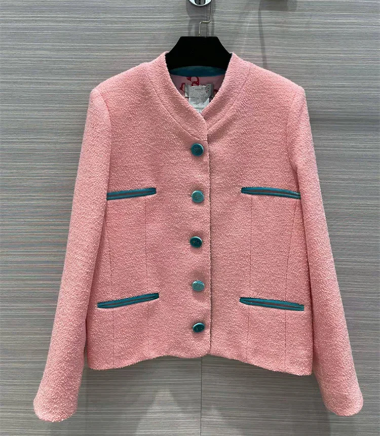 

European and American women's wear spring 2022 new Long sleeve single breasted standing collar Fashion velvet button tweed coat