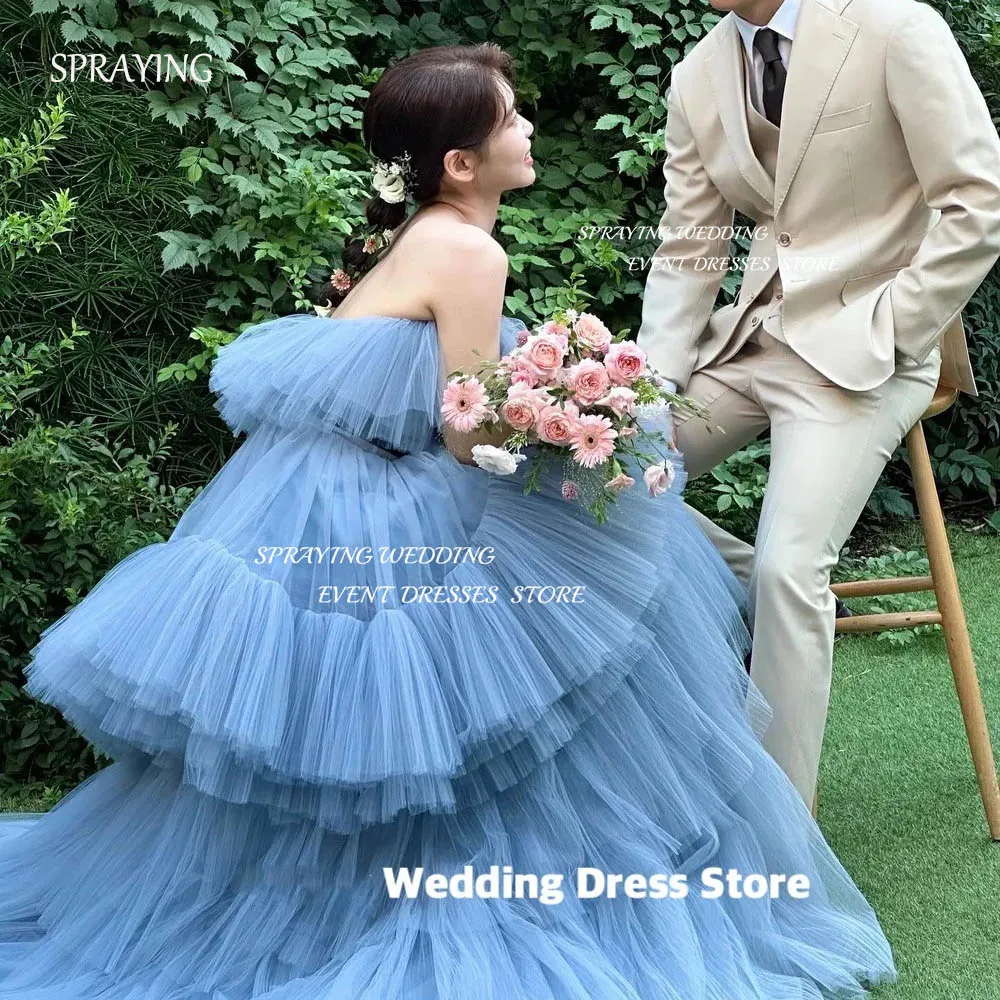 Пышное свадебное платье бальное без бретелек длинное синее со шлейфом