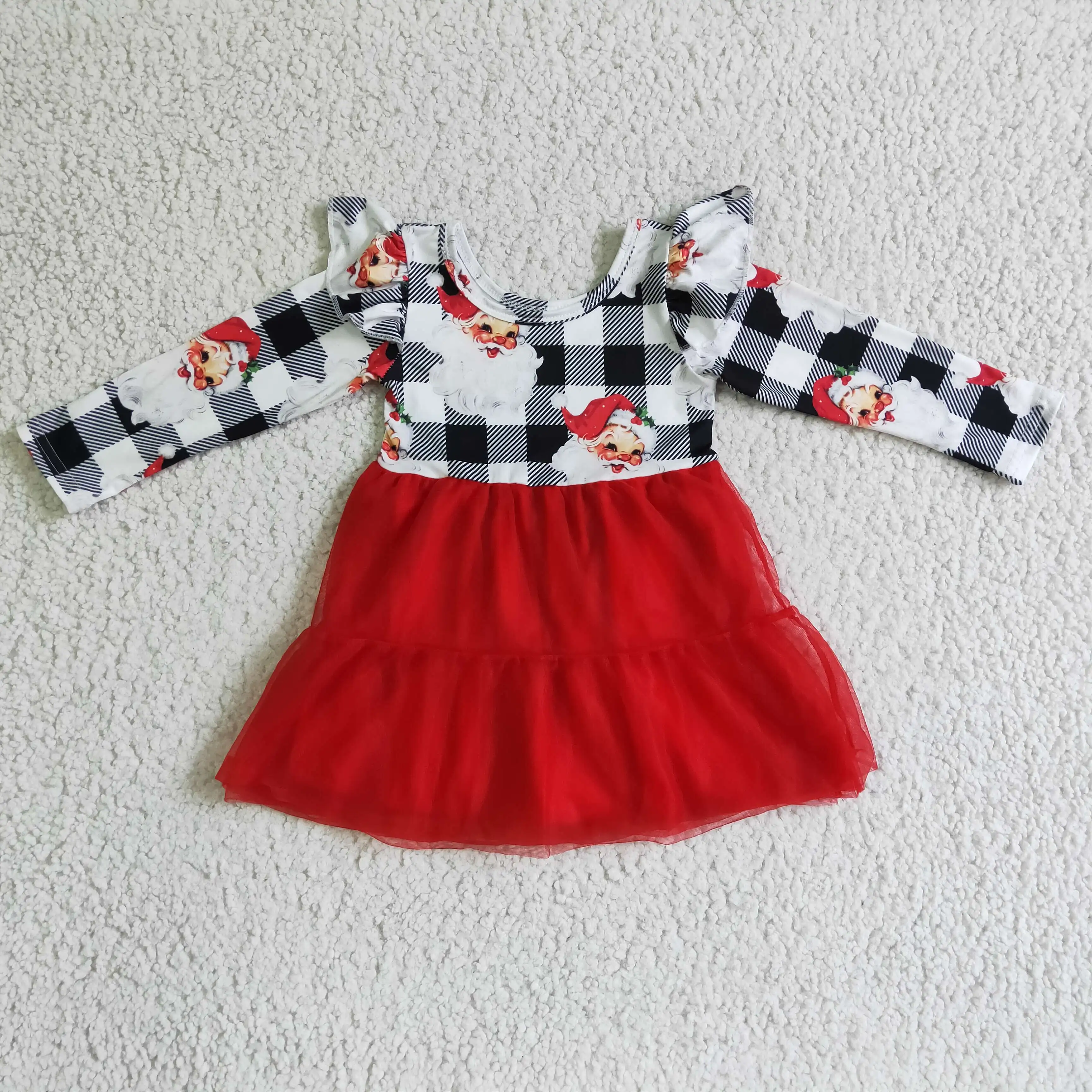 

GLD0121 ready to ship girl black white plaid long sleeve frock kids santa and red voile stitching dress