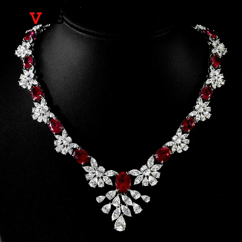 

OEVAS 100% 925 Sterling Silver 10*14MM Oval Corundum Synthetic Ruby High Carbon Diamond Wedding Necklaces For Women Fine Jewelry