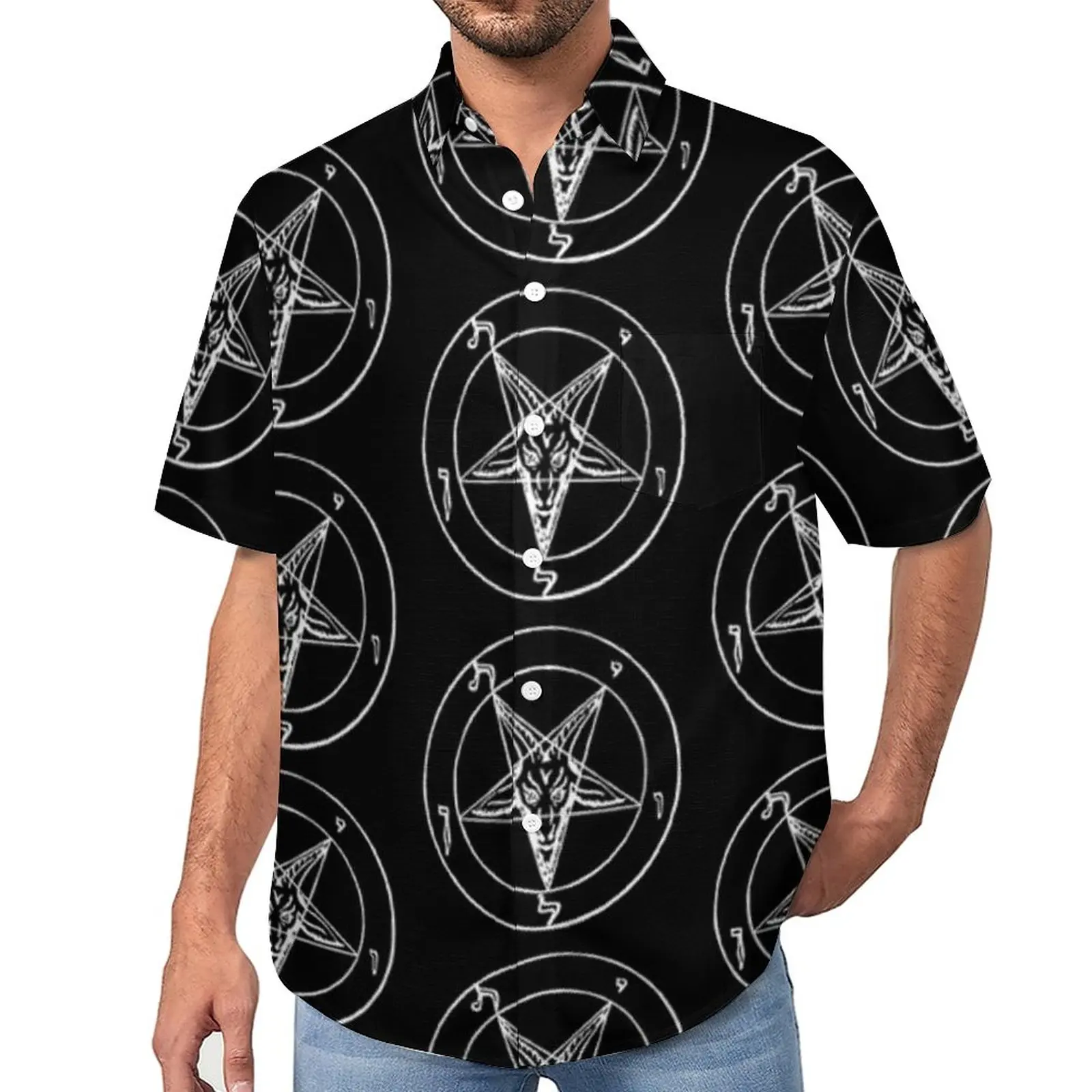 

Baphomet Casual Shirt Sacred Geometry Symbol Beach Loose Shirt Hawaii Streetwear Blouses Short-Sleeved Design Oversized Top