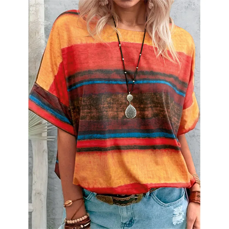 

Summer T Shirts Women's Clothes Gradient Stripe Print New Ladies Casual Short Sleeve Women Top Tee Oversized Streetwear