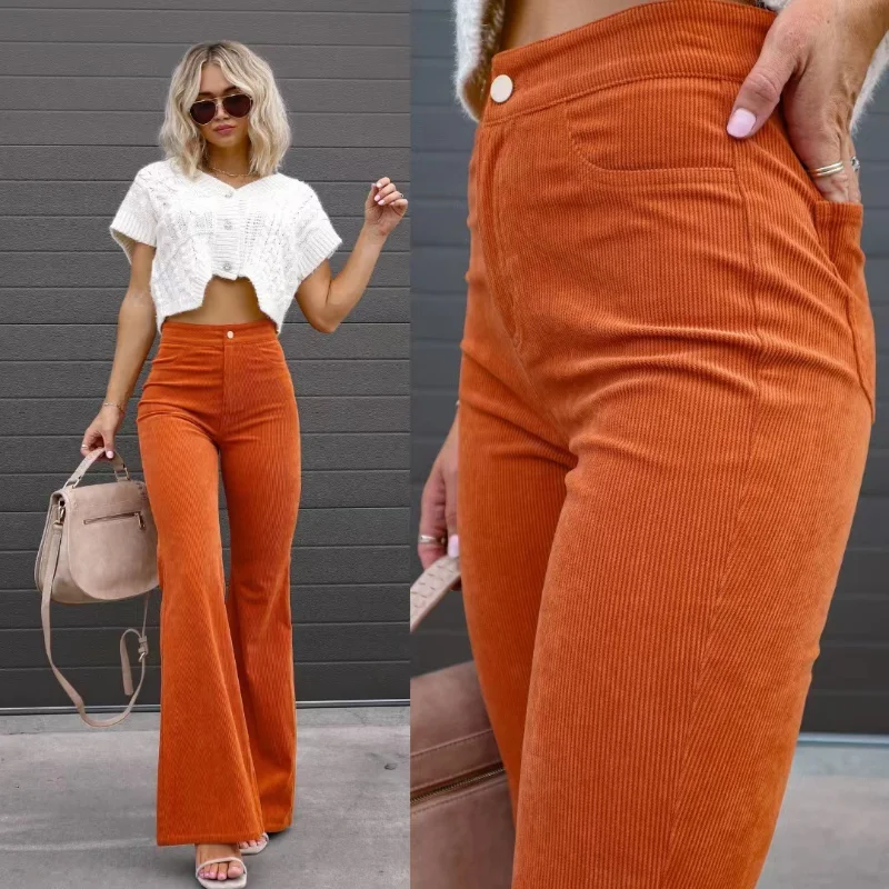 

Autumn Winter Fashion Corduroy Pants Women Casual Solid Color Flare Pants Elegant Office Lady Long Button Fly Trousers 24341