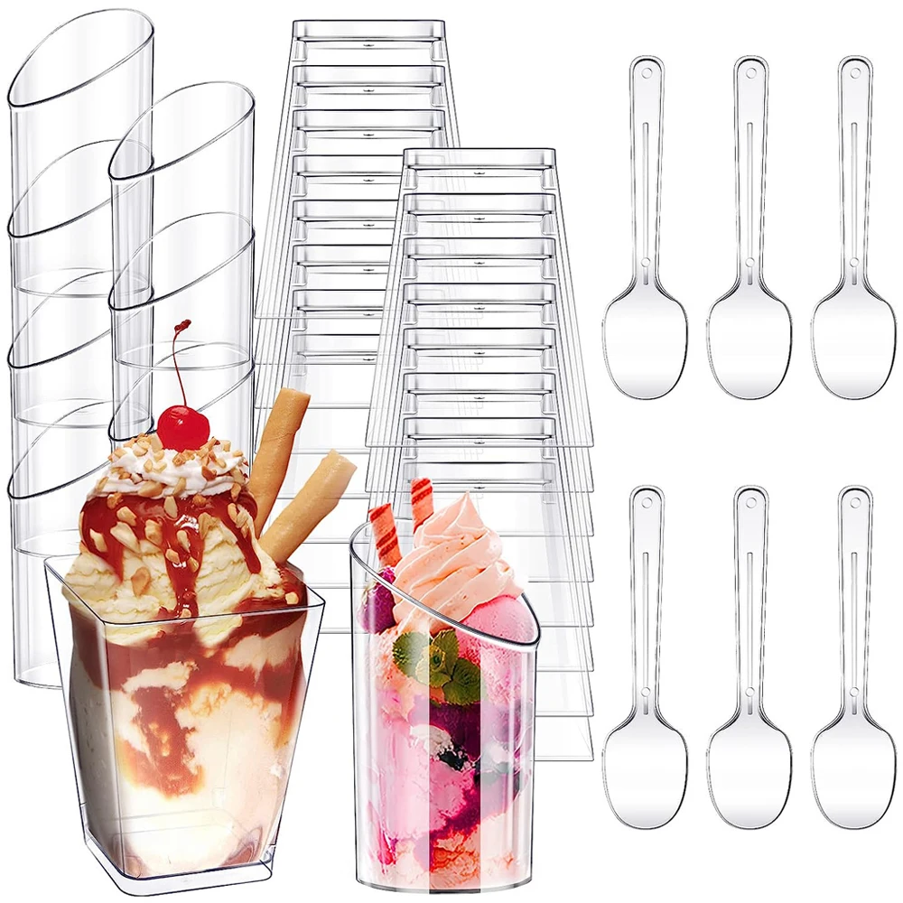 

200 Pack Mini Dessert Cups with Spoons Clear Plastic Parfait Appetizer Cup Slanted Round Cup for Desserts Heart Square Clear