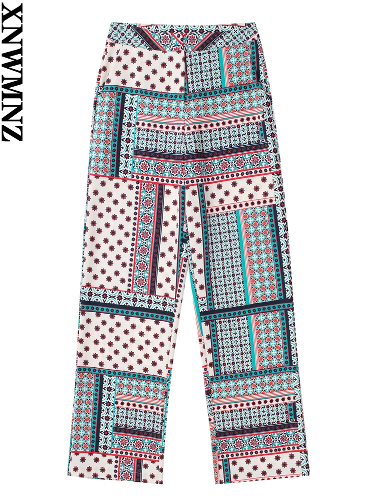 

XNWMNZ women chic printed palazzo trousers female Retro high waist wide leg loose pants Women's fashion 2022 Women clothing