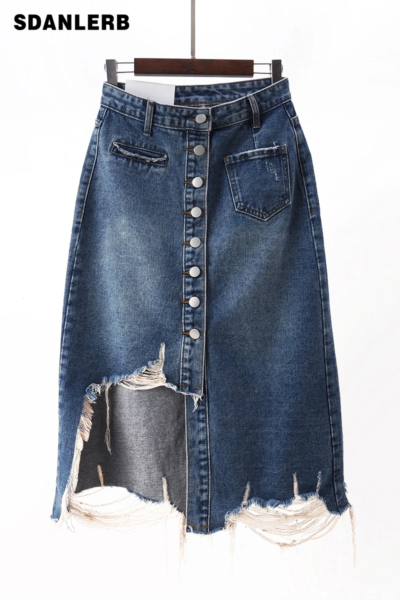 

2022 Summer New High Waist A- Line Ripped Denim Skirt Women's Mid-Length Distressed Frayed Hem Split Jean Skirt Faldas Mujer