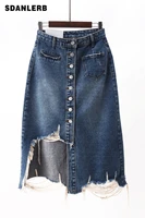 2022 summer new high waist a line ripped denim skirt womens mid length distressed frayed hem split jean skirt faldas mujer
