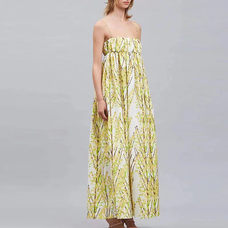 

SuperAen 2022 Summer Retro Palace Style Flower Print Sexy Elastic Waist Spaghetti Strap Strapless A-LINE Woman Dress