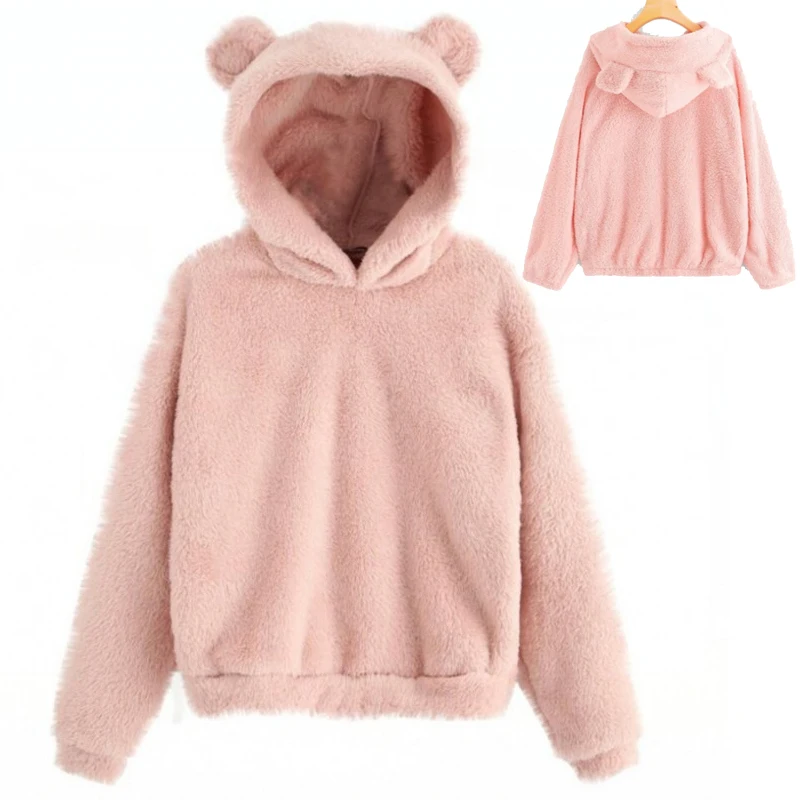 

Cartoon Fluffy Hoodies Women Kawaii Sweatshirt Cute Bear Ear Cap Autumn Winter Warm Pullover Long Sleeve Outwear Fleece Coat