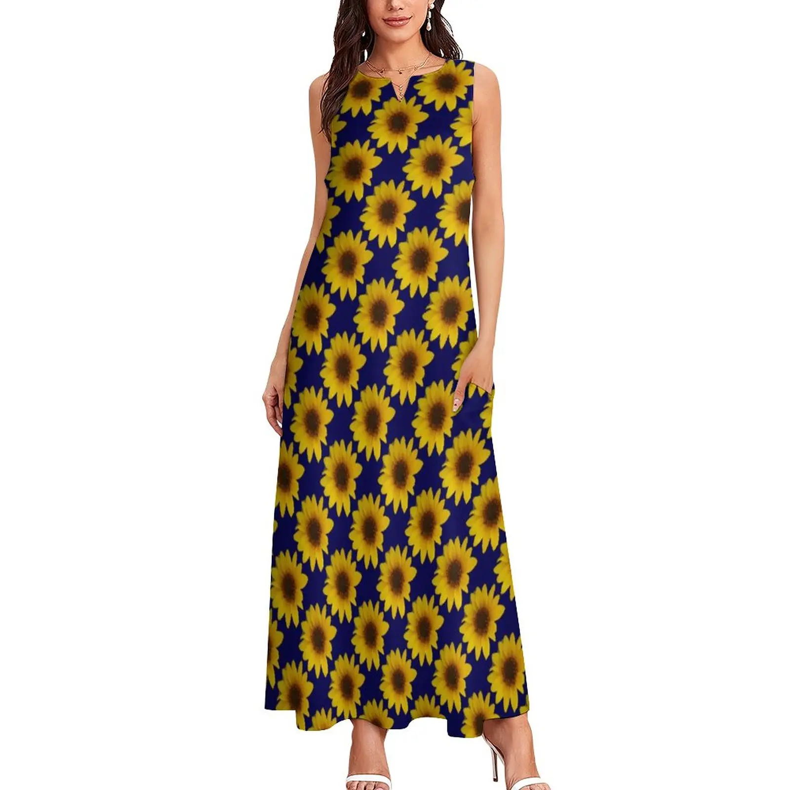 

Cheerful Sunflower Dress Bright Flower Elegant Maxi Dress Aesthetic Boho Beach Long Dresses V Neck Graphic Oversized Vestidos