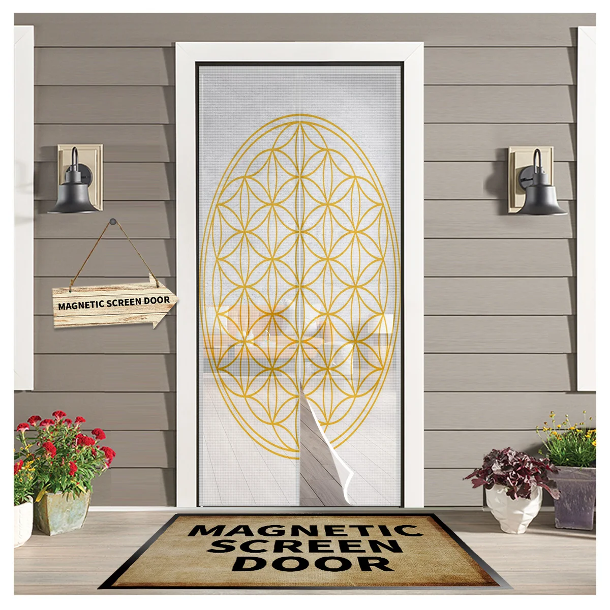 

Geometric Flowers Orange White Plant Kitchen Door Curtain Mosquito-proof Window Screen Bedroom Magnetic Door Curtain