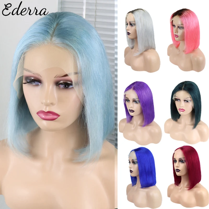 13x4 Green Blue Purple Colored Human Hair Wigs Brazilian Remy Straight Lace Front Wig Glueless Short Bob Frontal Wigs For Women
