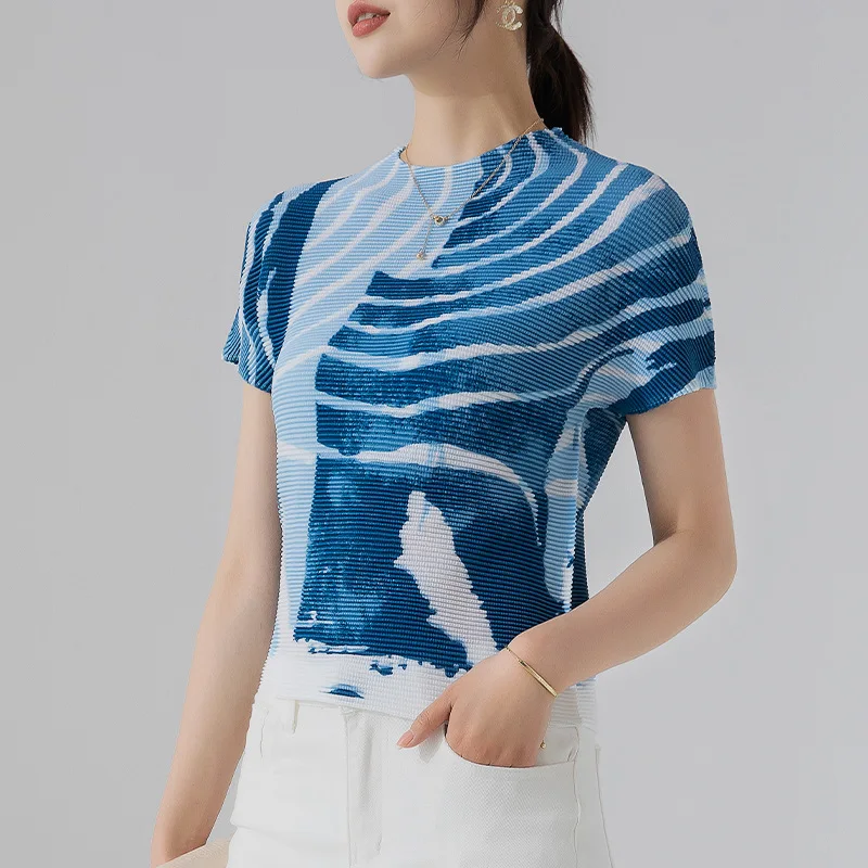 

Miyake Style Printed Top for Women 2023 Fashion Corn Pleated T-shirt round Neck Short Sleeve Design Sense Slim Fit Undershirt