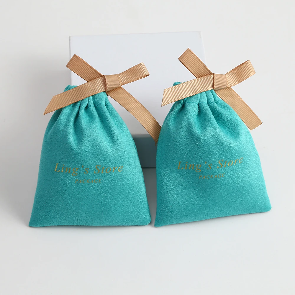 100 Green Custom Drawstring Bags Personalized Logo Velvet Flannel Jewelry Packaging Pouches Chic Wedding Favor Bags