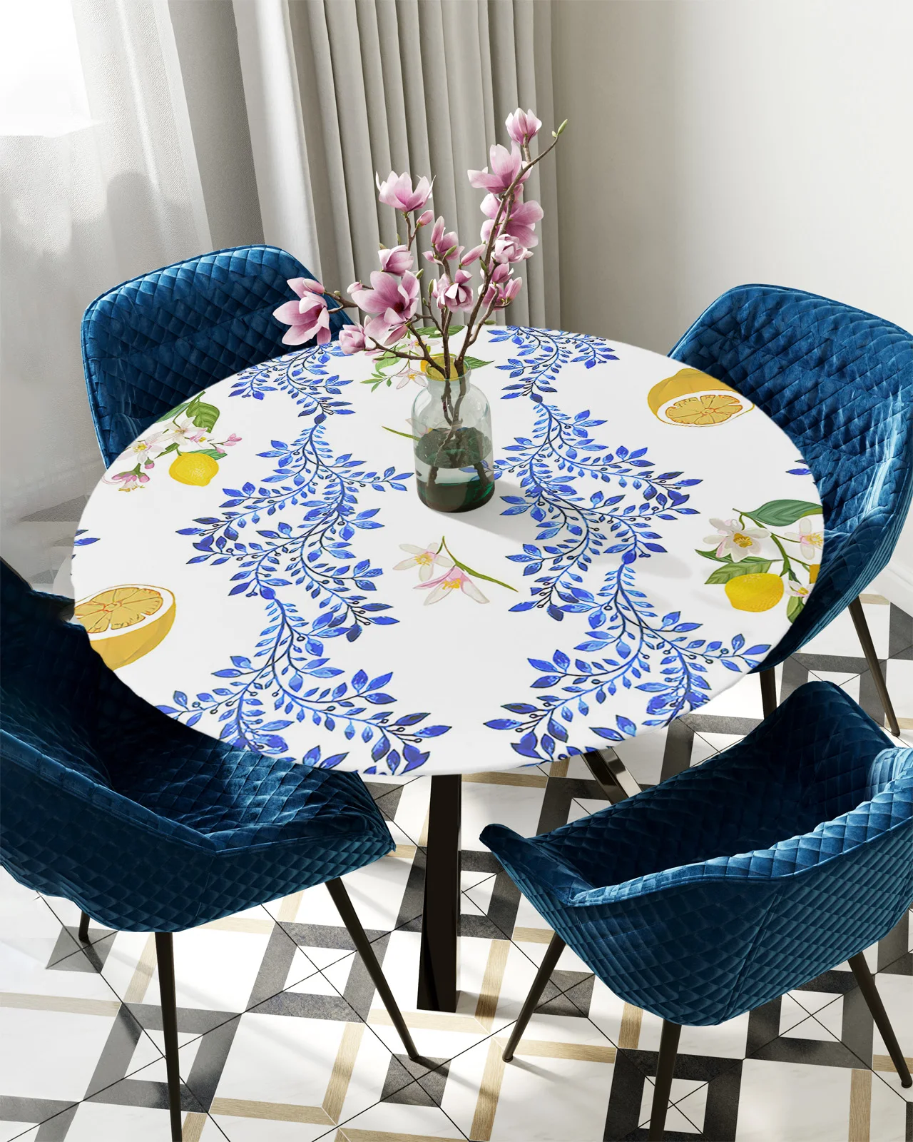 

Винтажная лимонная цветочная ткань для стола с круглыми эластичными краями