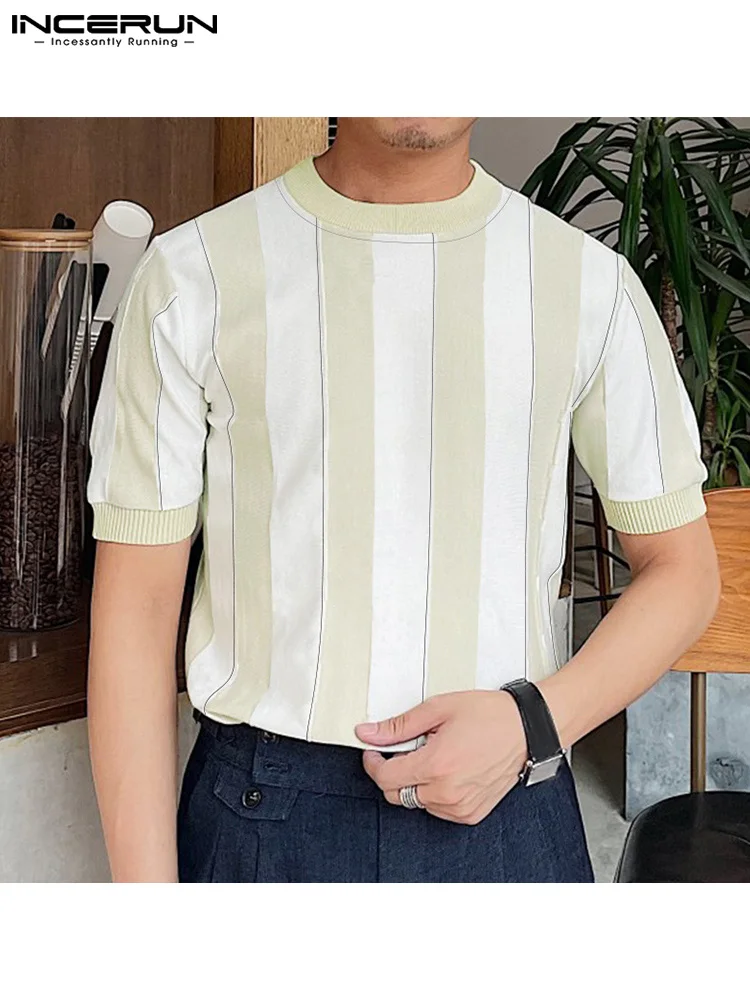 

INCERUN 2022 Men T Shirt Striped O-neck Short Sleeve Streetwear Casual Men Clothing Summer Breathable Leisure Camisetas S-5XL