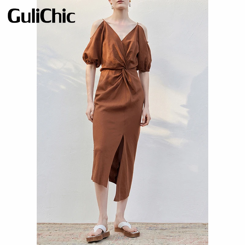 

Женское летнее винтажное платье-миди с открытыми плечами и разрезом