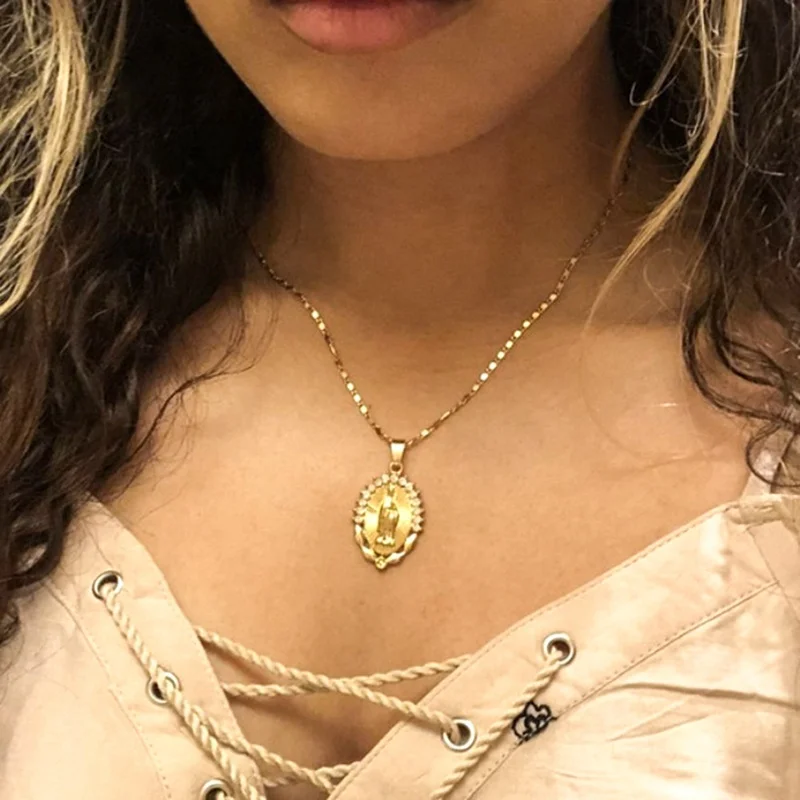 

Holy Virgin Mary Pendant Necklace Religion Dainty Golden Christian Cubic Zircon Necklace Women Collier Femme Christian Jewelry