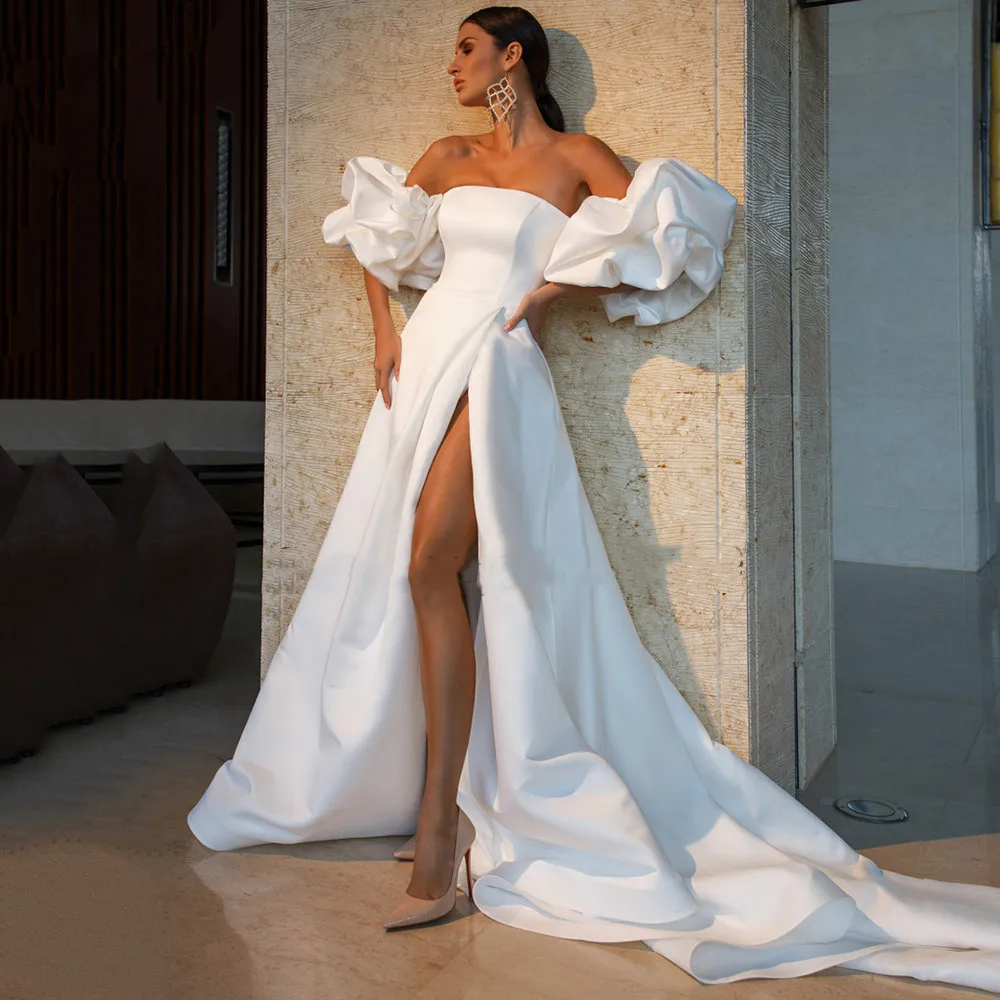 

A-Line Wedding Dresses Puff Sleeves Bridal Gowns Stain Strapless Bride Dress 2022 High Side Slide vestido novia Custom