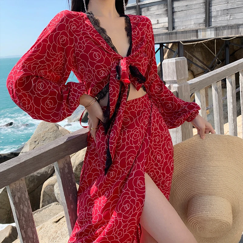 

New 2022 Korean Fashion Sexy Lacy Cutout Wasit Lace Up Bow Dresses Women's Boho Beach Print Summer Maxi Dress Vestidos