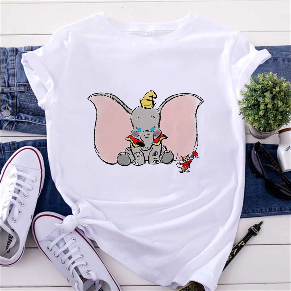 

Summer Disney Women Tshirt Dumbo Graphic T-Shirts Female White Cotton O-Neck Soft Clothes Tee Base Short Sleeve Cozy Fashion