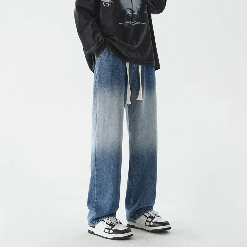 CAAYU Korean Fashion Men's Baggy Jeans Classic Japanese Streetwear Straight-leg Denim Wide-leg Pants Male Light Blue Jeans Mens