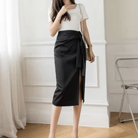 fashion lace up high waist midi skirt office lady solid color knee length skirts women summer elegant slit package hip skirts