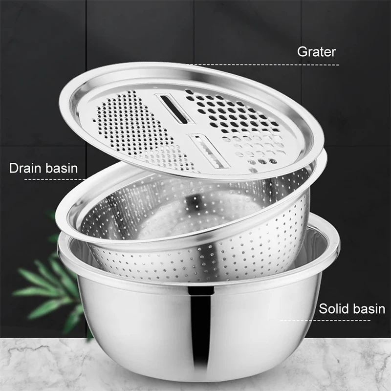 

3Pcs Stainless Steel Pot Vegetable Cutter Slicer Drain Basket Sieve Colanders Kitchen Tool Grater Strainer Rice Washing Filter