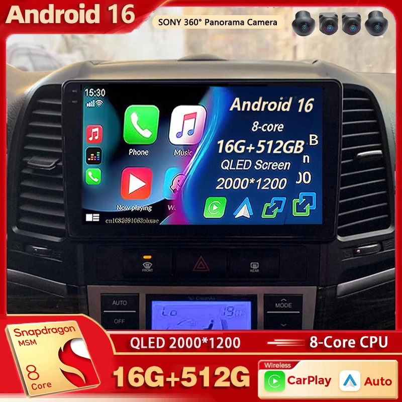 Фото Автомагнитола Android 16 для Hyundai Santa Fe 2 (2006-2012) с 2K QLED экраном, мультимедийный видеоплеер, AI Voice, CarPlay, головное устройство, стереосистема №1