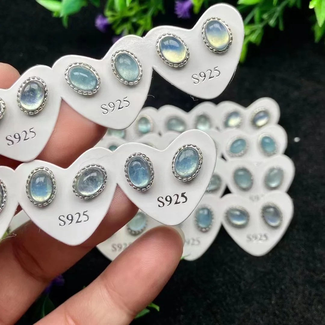 10 Pairs Natural Aquamarine Oval Stud Earrings For Women 925 Silver Needle Healing Gemstone Earrings Wedding Party Jewelry Gifts