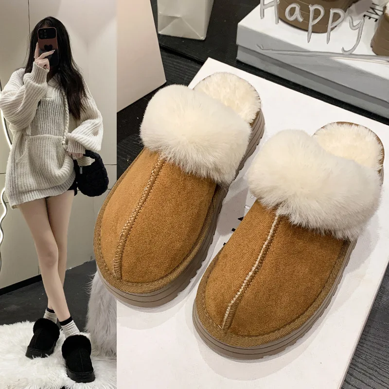 

Women Thick Sole Faux Fur Slippers Winter Plush Warm Cotton Shoes Woman Indoor Outdoor Non Slip Fluffy Platform Slippers 2023