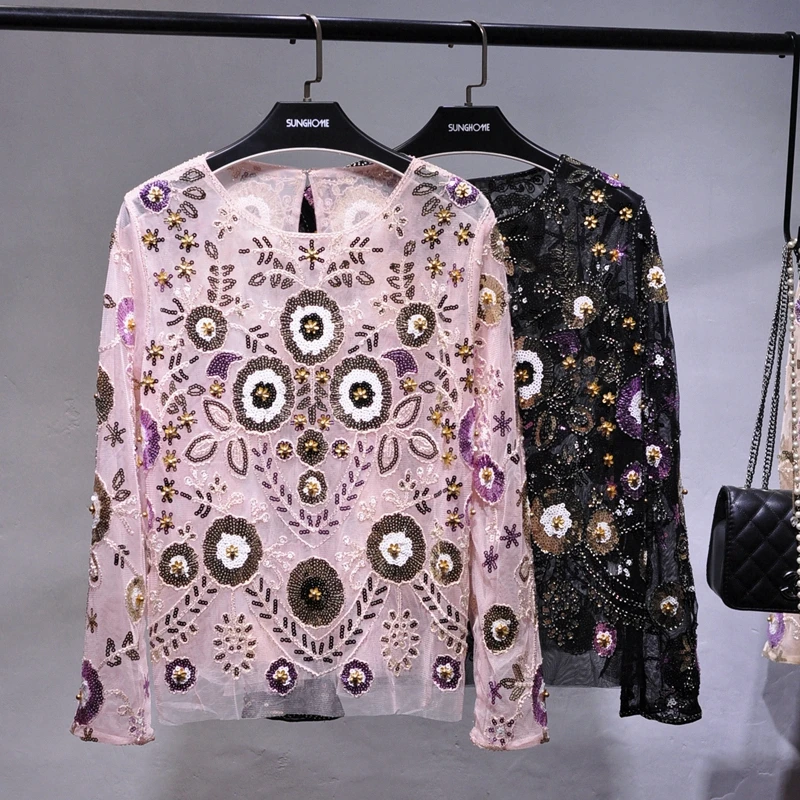 

Прозрачная блестящая блузка из тонкой Марли, кружевные рубашки с тяжелыми цветами и бусинами, сексуальные блузки, Ажурные топы вечерние Рин...